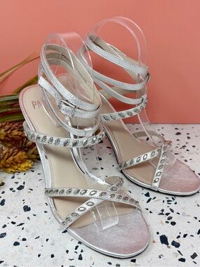 NEW PAIGE Wellie Silver Jeweled Strappy Women’s Heeled Sandals Sz 10